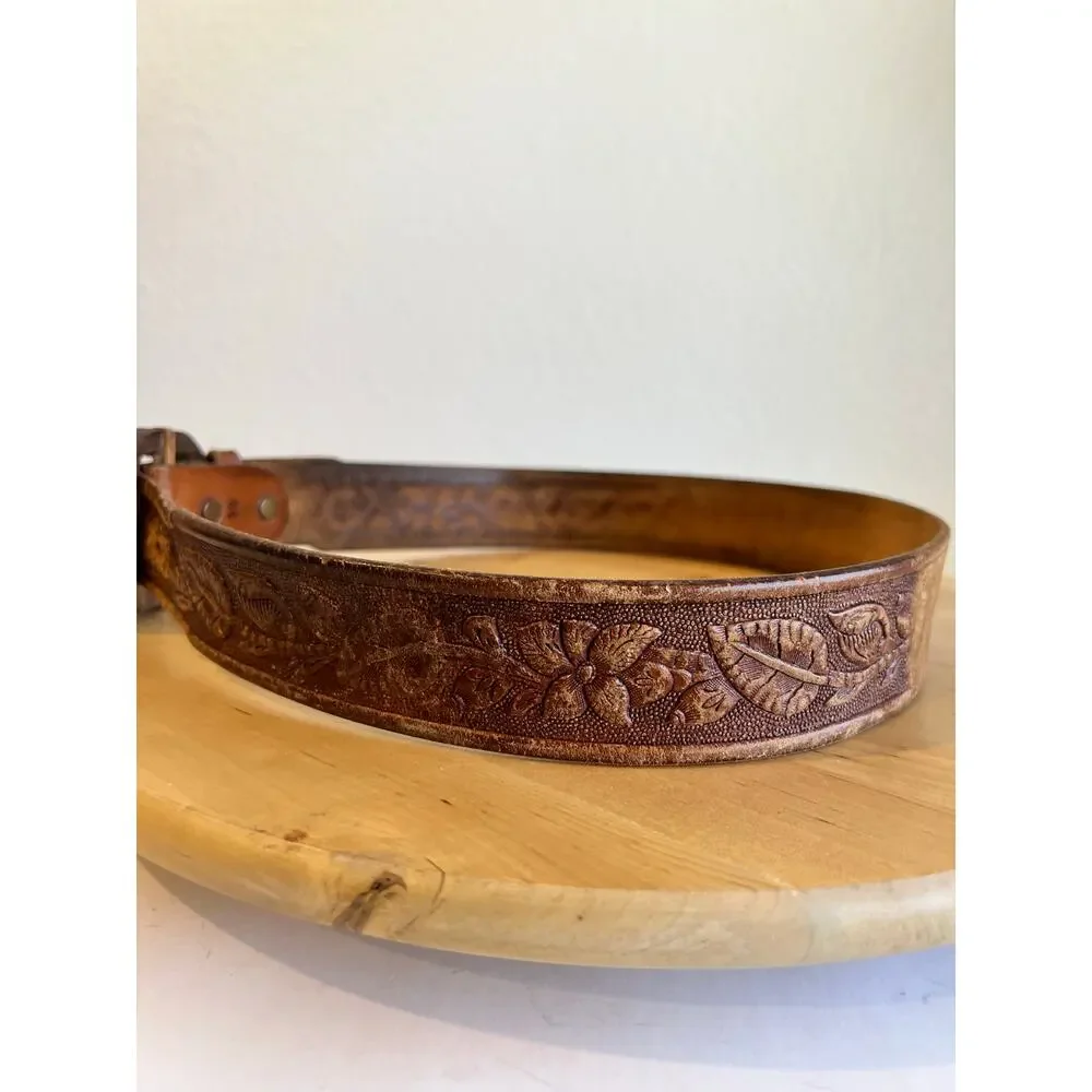 Vintage Brown Tooled Floral Western Wooden Carved Buckle Belt Size Medium